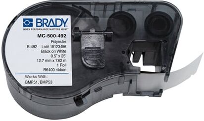 Brady MC-500-492 cinta poliéster Negro sobre blanco 12,7 mm x 7,62 m
