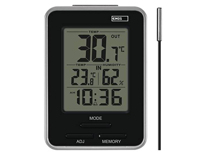 EMOS Digitale thermometer met buitensensor, binnen- en buitenthermometer en hygrometer, weergave min. en max. meetwaarden, wekker met snooze-functie, werkt op batterijen, zilver
