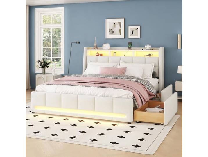 LAKFEW Polsterbett Doppelbett 140X200, Jugendbett Stauraumbett mit 2 Schubladen und LED-Beleuchtungsfunktion, Multifunktionsbett Kopfteil mit Stauraum und USB, Ohne Matratze, Leinen, Beige