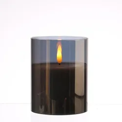 LED Kerze Windlicht Glas Echtwachs flackernd Timer H: 12,5cm rund grau anthrazit