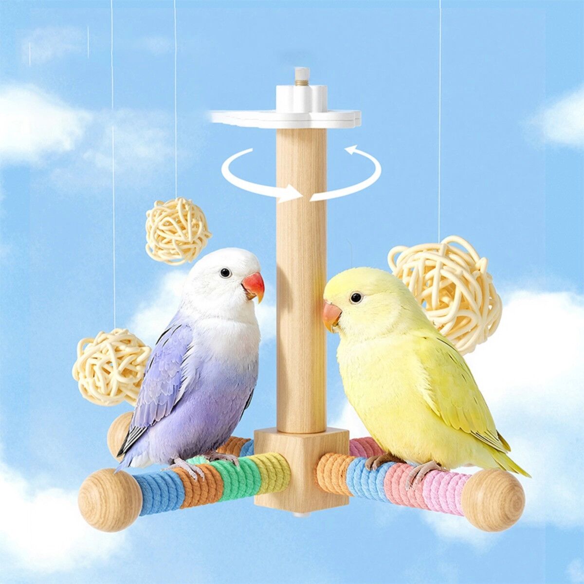 INF Papageien 360° drehbare Windmühlen-Sitzstange für Vogelkäfig - geräuscharmes Lager, Massivholz mit Baumwoll- und Juteseil,