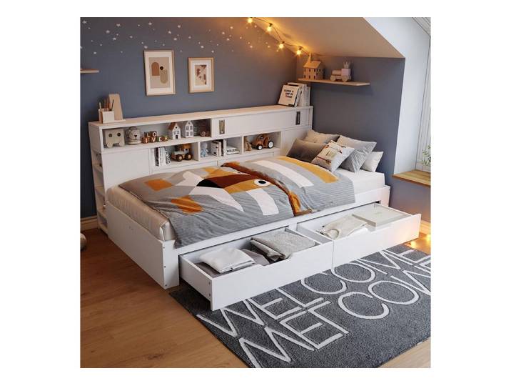 LuxusKollektion Kinderbett Kinderbett Einzelbett 90x200 mit Stauschrank regal weiss