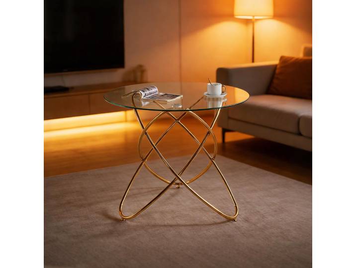 okwish Multifunktionaler Esstisch Glasplatte, Sofatisch mit Metallbeinen, Schlichtes Design, Für Wohnzimmer,Gold