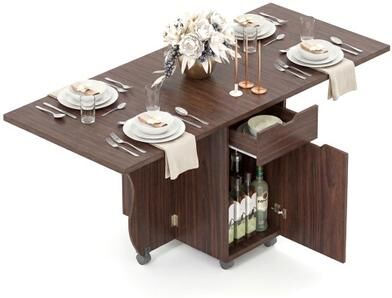 Costway Folding Dining Table 3-in-1 Space-Saving Drop Leaf Kitchen Table with Lockable Wheels-Walnut