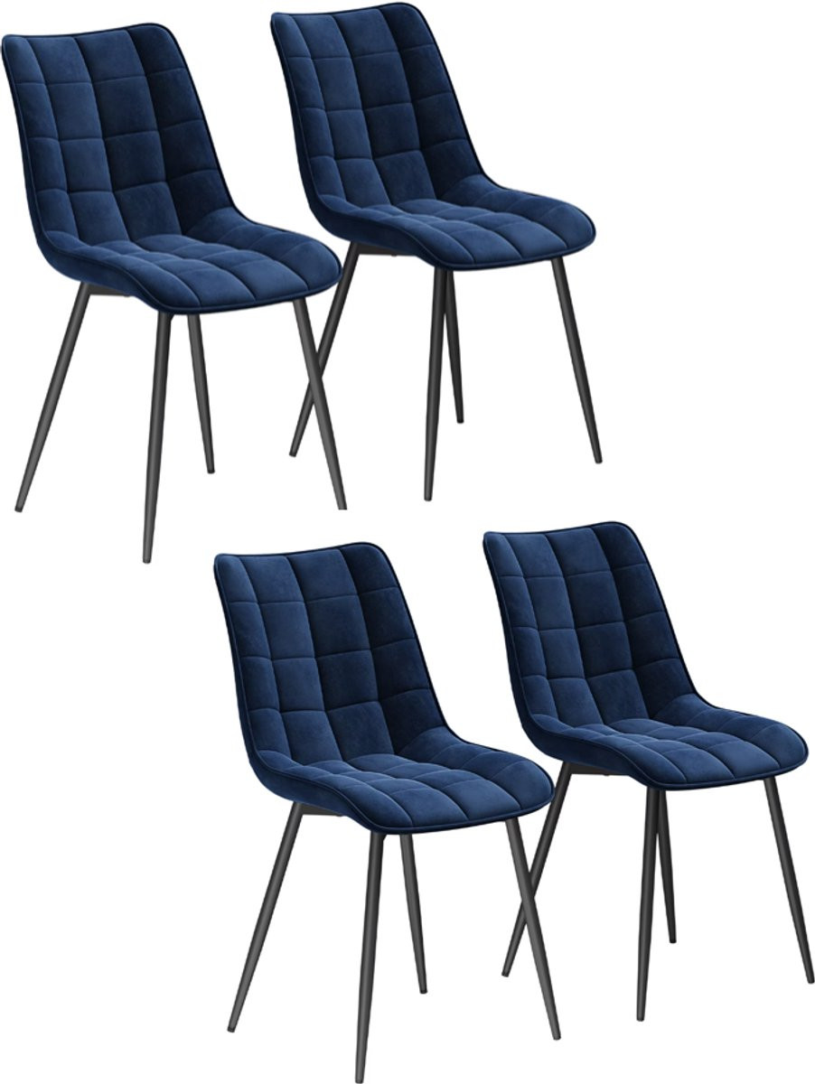 Varnox Set van 4 Velvet Eetkamerstoelen - Blauw met Zwarte Poten