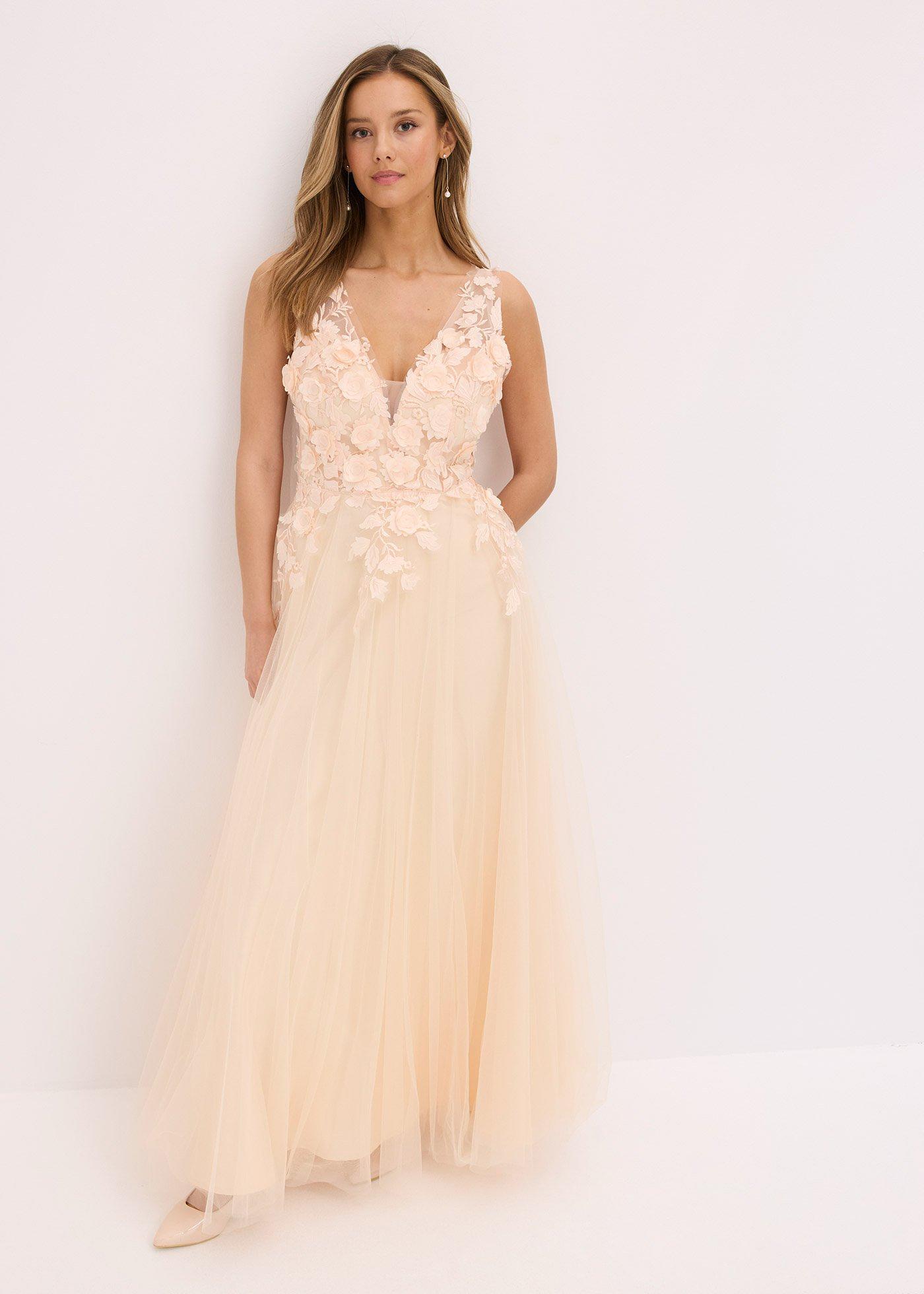 bonprix Maxikleid aus zartem Tüll mit Blumen-Applikation, beige, Gr.36, Romantisch und feminin: Bezauberndes Abendkleid in Maxi-Länge aus zartem Tüll mit Blumen-Applikation im Oberteil