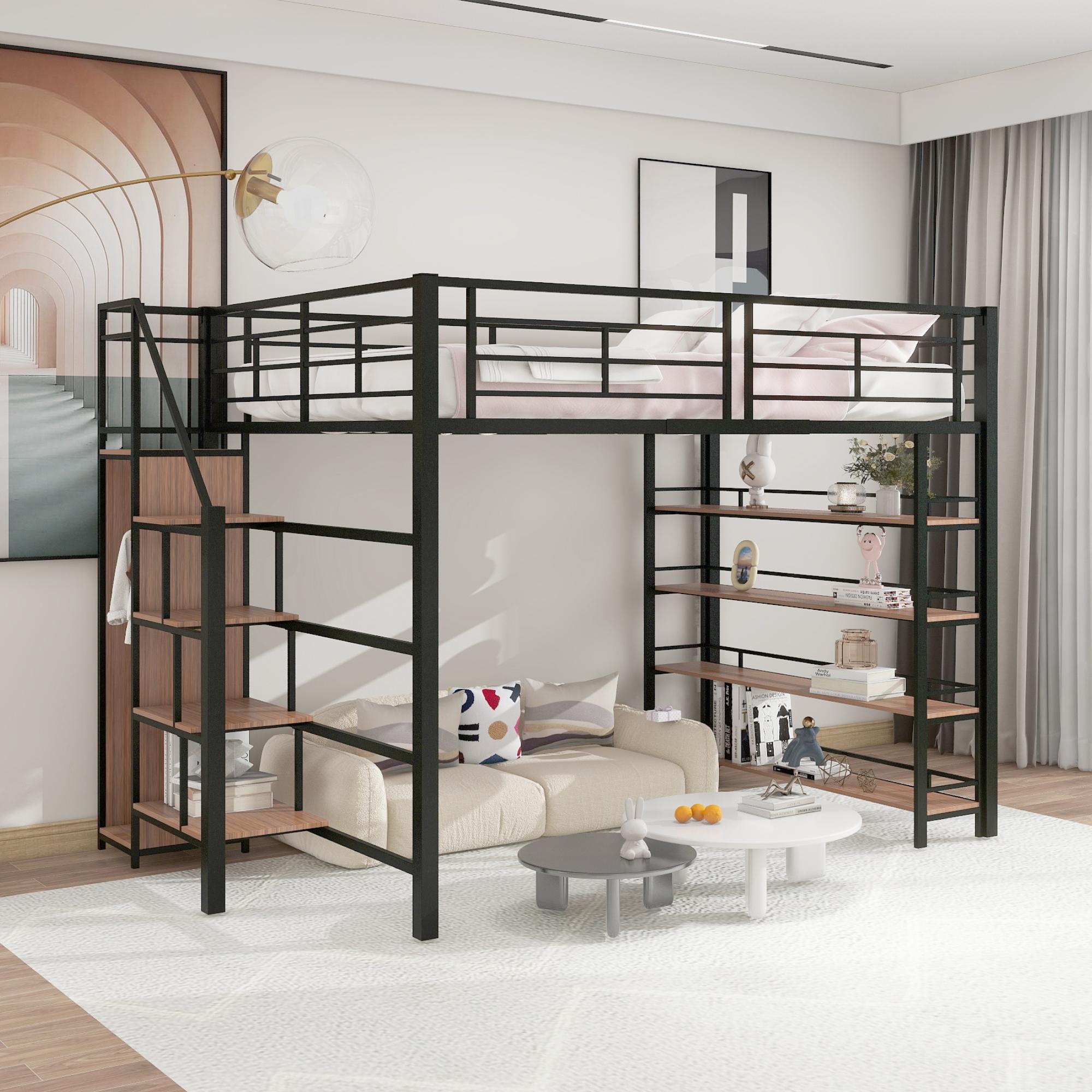 Merax Etagenbett Hochbett 140x200cm mit Stauraumtreppe, Kinderbett mit Kleiderschrank und Regalen, Metallbett mit Sicherheitsgeländer, Schwarz