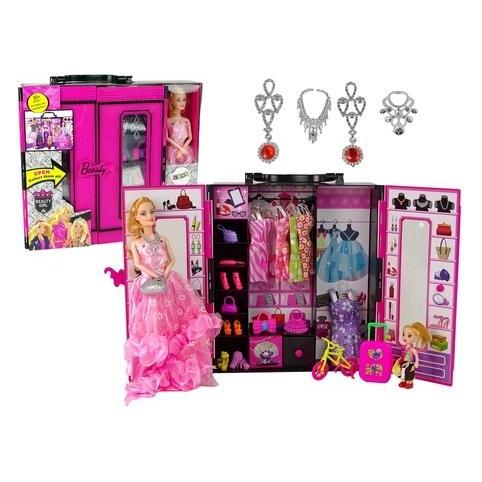 Lean Toys Puppe mit Kleiderschrank Kleider Accessoires für Puppen Kleiderschrank Well Kleidung Koffer (?13093)