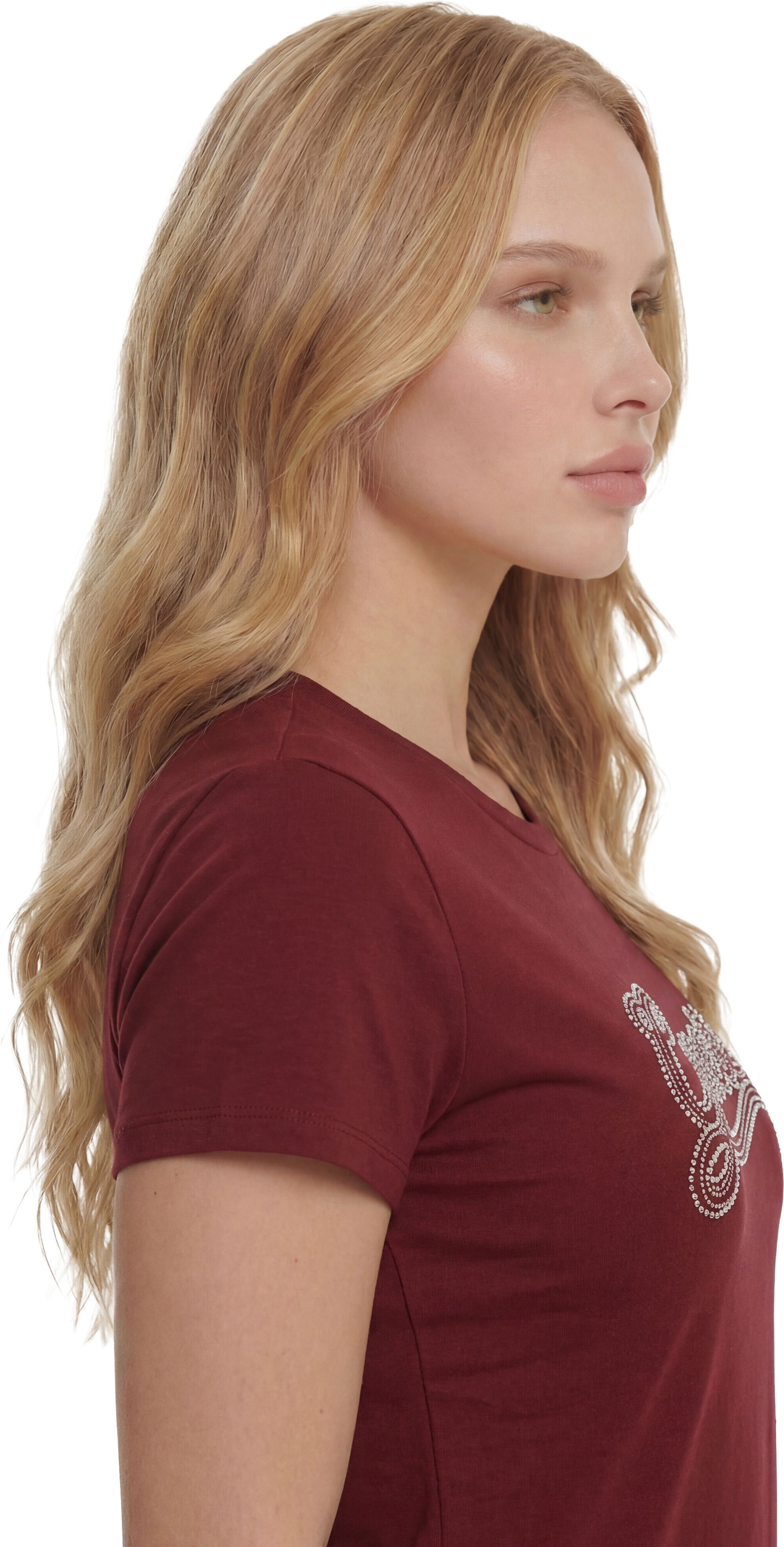T-Shirt GUESS "SS GUESS STUD LOGO EASY TEE", Damen, Gr. S, rot (vineyard rot), Single Jersey, Obermaterial: 100% Baumwolle, unifarben, regular fit hüftlang, Rundhals, abgesteppte Kante, Shirts T-Shirt, mit Nietenbesatz, Regular Fit vineyard rot S