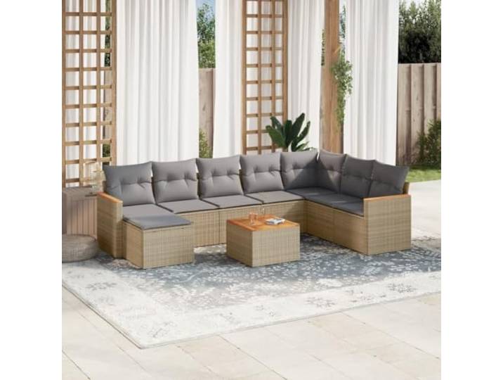 9-tlg. modulares Sitzgruppe mit Kissen, Tisch mit Akazie Tischplatte, Polyrattan beige
