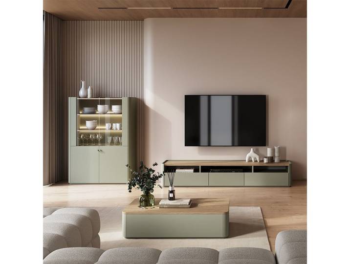 Lomadox Wohnzimmer-Set ELOY-141, (Mega-Spar-Set, 3-St., Couchtisch Lowboard Vitrinenschrank), Grün Eiche Dekor grifflos modern Softclose LED Beleuchtung