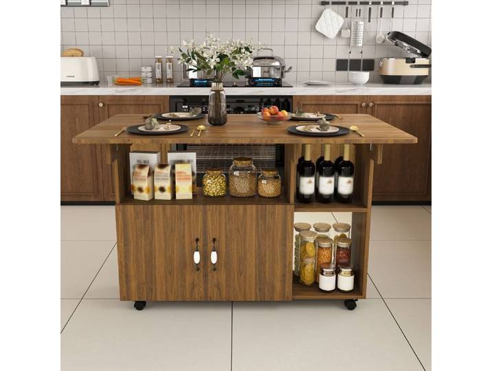 Table à Manger Pliante sur roulettes Table de Cuisine Extensible avec 5 étagères pour Petits Espaces Salon 110x70x80cm Noyer