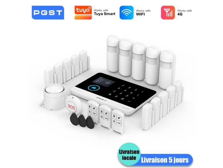 PGST kit alarme anti intrusion intelligent WiFi 4G Works with Tuya Smart Life système de sécurité sans fil pour maison appartement bureau contrôle par application installation facile sans frais