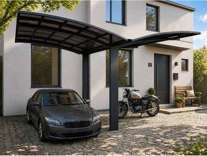 Freistehender, in den Boden einzubauender Carport in Pergola-Bauweise in Schmetterlingsform aus Aluminium – für 2 Autos – 30 m² – anthrazitgrau – ALUVIO