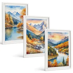 BILDER SET 3er Set - 40x60 cm Weißer Rahmen - Berglandschaft, Fluss, Herbst