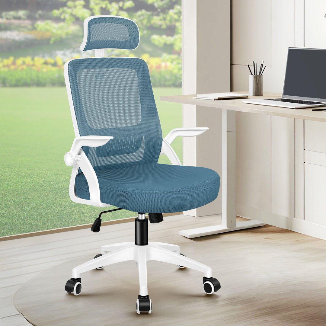 Rebrilliant Mesh Office Chair Ergonomic Gas Lift Swivel Tilt Computer Gaming White/Blue 62cm W X 62cm D