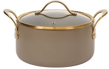 Bloomhouse 6 Quart Heavy Duty Aluminum Premium PFA Free Ceramic Nonstick Dutch Oven Pot with Lid - Almond Cream with Gold Handle