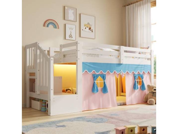 Merax Halbhohes Bett 90x200 cm, Kiefernholz, LED, Vorhänge, Weiß Offener Bereich unter dem Bett, integrierte Stauraumleiter und verstellbare LED-Beleuchtung,ohne Matratze