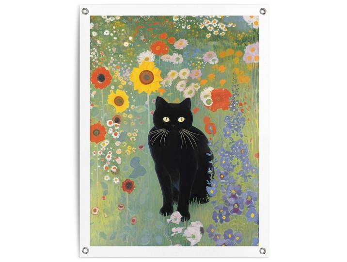 Poster REINDERS Catfield , bunt (farbe bild(er): mehrfarbig), B:60cm H:80cm T:0,1cm, Bilder, Poster, Garten - Blumen - Schwarze Katze - Mehrfarbig - Leinwand - Kunst