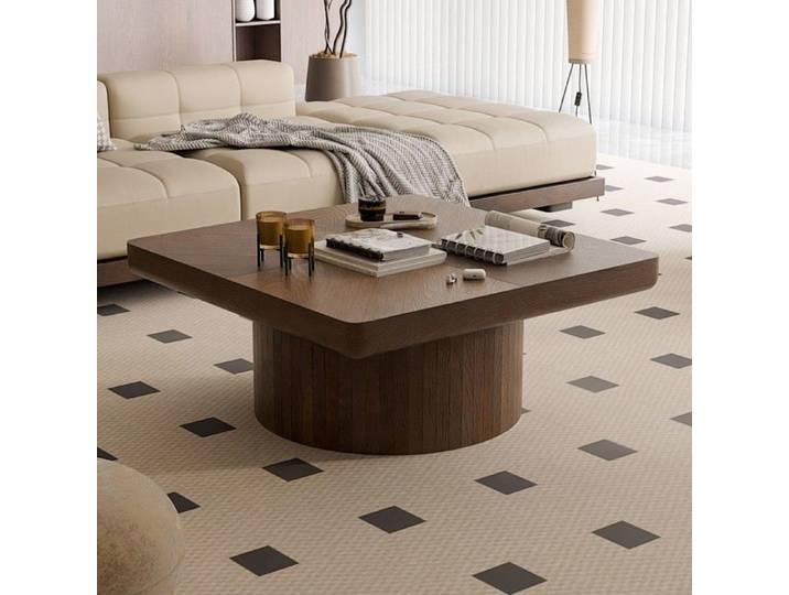 Table basse carrée noyer 78x78x38cm plateau placage bois parquet pieds cylindriques salon montage simple