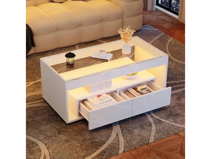 Merax Couchtisch 100 x 50 x 40 cm mit LED,Glasplatte, Hochglanz, Weiß Moderner Couchtisch mit LED, 2 Schubladen, Glasplatte und Hochglanzfronten – stilvoller Wohnzimmertisch mit viel Stauraum.