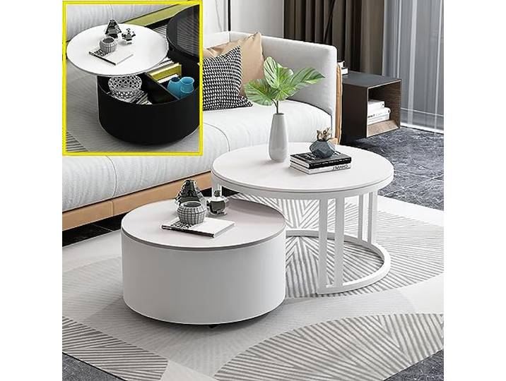 2er-Set Zusammensetzbarer Couchtisch, Moderner Runder Couchtisch Mit Stauraum, Zusammensetzbarer Beistelltisch füR Kleine RäUme, Stapelbare Beistelltische mit Glasplatte und Stabilem Metallrahmen