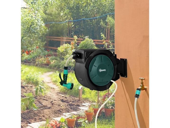 Outsunny Enrouleur Tuyau 30+2m Pivotant Support Mural Noir