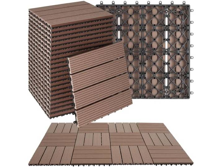 tectake® WPC Holzfliesen, 31x31 cm, Holzoptik Fliesen wetterfest, 22er Set = 2,1142 m², Bodenbelag für Wintergarten, Bodenfliesen, Balkonboden, Boden Terrassenfliesen mit Klicksystem, Drainage - braun