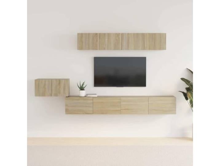 HEFZGDB 5-TLG. TV-Schrank-Set Sonoma-Eiche Holzwerkstoff, Klassisches Wohnzimmer TV-Möbel mit Viel Stauraum und Praktischen Türen, Wandmontage Medienregal, Robustes