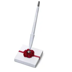 PartyDeco Stifthalter mit Kugelschreiber 8x8x16cm Stift mit Halterung Signierstift Gästebuch Hochzeit Hochzeitsstift Weiß Rot