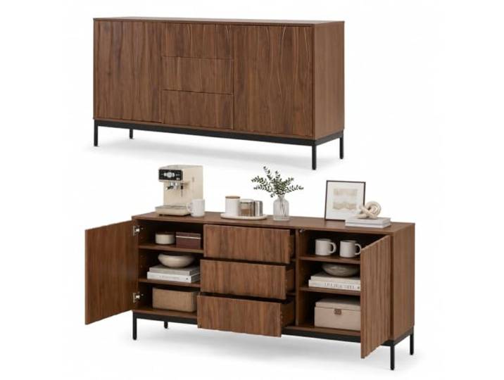FurnitureR Sideboard Buffetschrank 150 x 40 x 80 cm, Dunkelholzfarbe, Moderne Anrichte mit Wellenfront, 3 Schubladen, 2 Türen, Metallbeinen, verstellbaren Regalböden für Esszimmer Küche