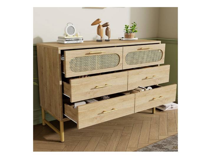 IDEASY Sideboard Rattan Kommode Sideboard 120x40x74 cm Sonoma Eiche (Aufbewahrungsmöbel für Wohnzimmer, Schlafzimmer, Schminktisch), mit Metallgriffen, 6 Schubladen, Metallgriffe, Kippschutz