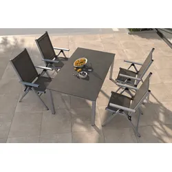 KETTLER BasicPlus Pro Garten-Essgruppe, silber/anthrazit, Alu/Textilene/Sicherheitsglas, 160 x 95 cm, 4 Klappstühle