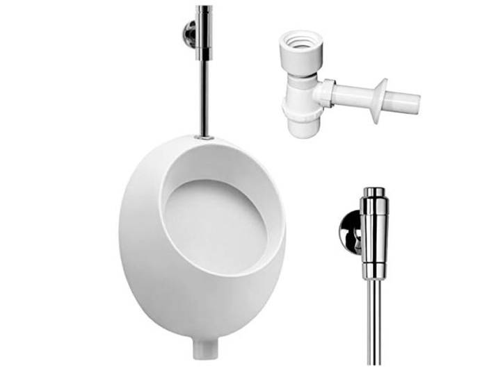 VBChome Urinal Keramik Zulauf Oben Weiß Modern Hochwertig Pinkelbecken senkrecht Pissoir Pico + Spülventil Urinalspüler Druckspüler Schellomat Basic + Siphon Flaschensiphon
