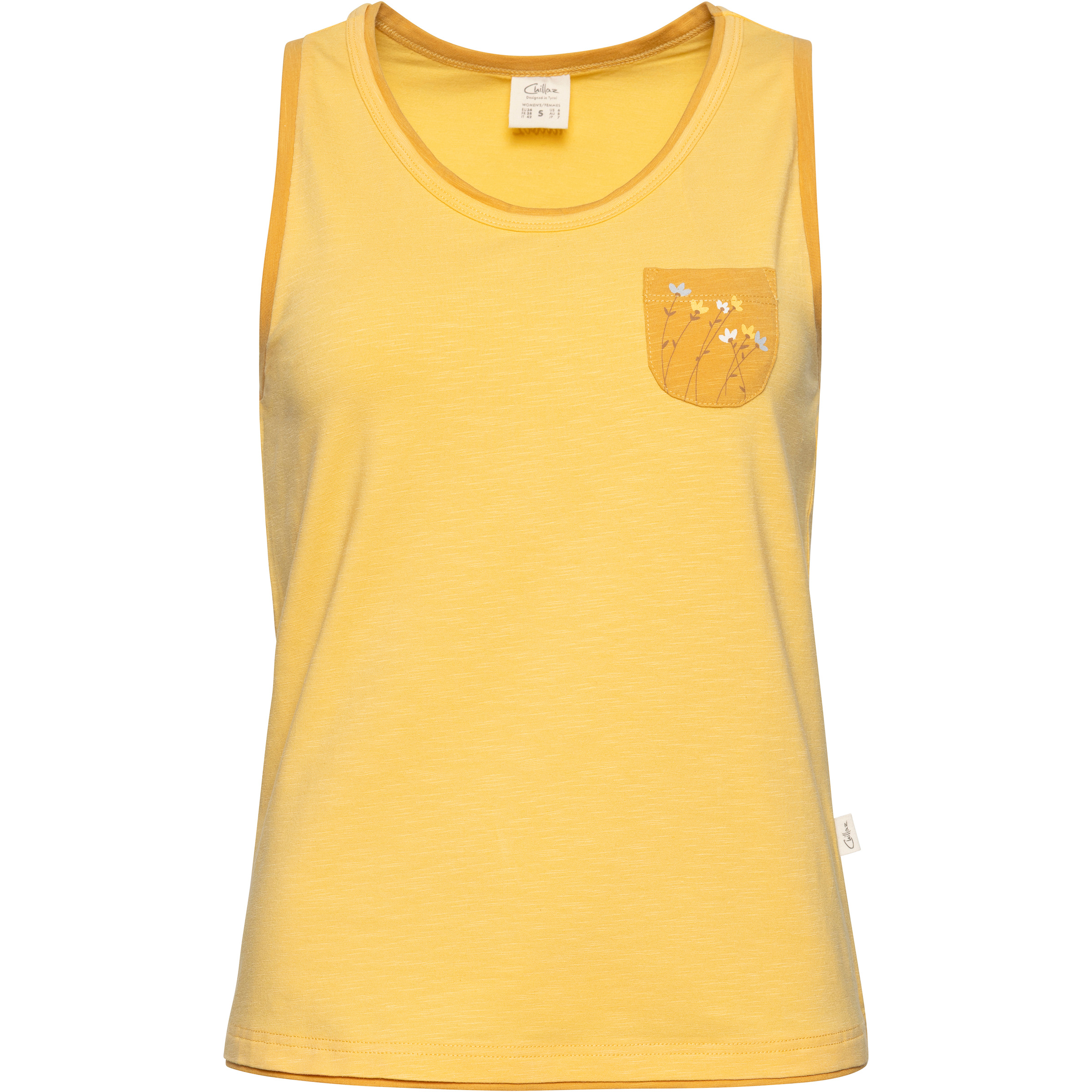 Chillaz Karpathos Flower Pocket Top Damen Tanktops gelb Größe XS Bouldern | Lifestyle | Sportklettern Hautfreundlich Lyocell (Tencel)