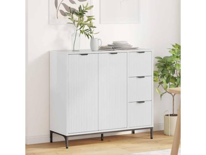 RJPLMFV Anrichte, weiß, glänzend, 89,5 x 33 x 82 cm, aus Holz Klapptüren 60 kg Schwarze Griffe Wandbefestigung Wohnzimmer Esszimmer