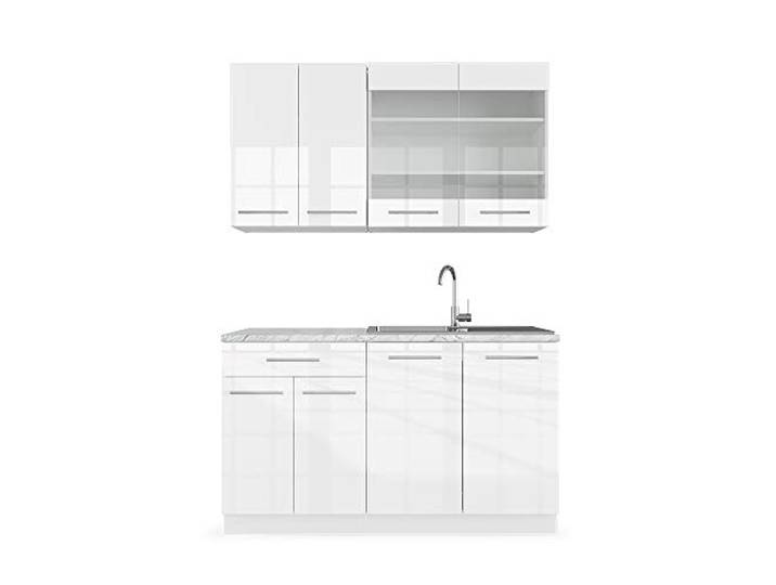 Vicco Singleküche Fame-Line, Weiß Hochglanz/Weiß, 140 cm 4 Module · Höhenverstellbare Füße · Arbeitsplatte Marmor · MDF-Fronten · Softclose · Metallgriffe