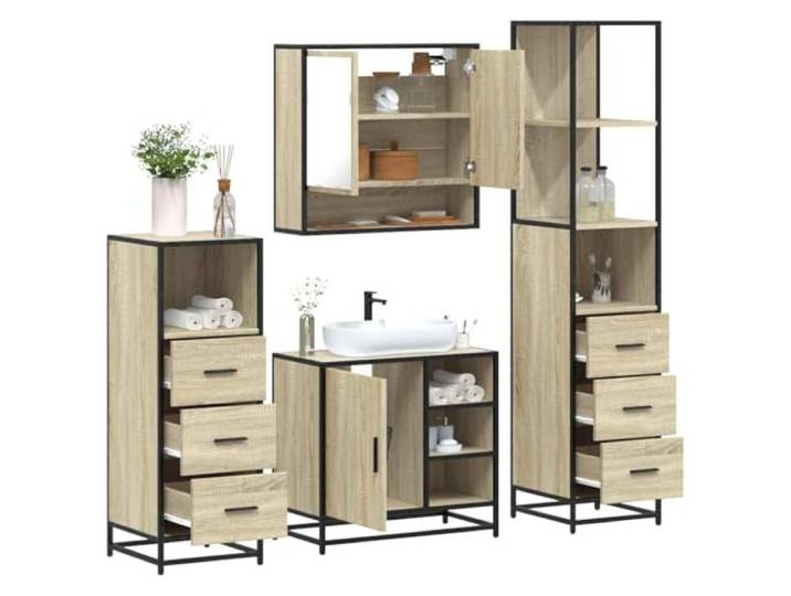 ZQQLVOO 4-TLG. Badmöbel-Set Sonoma-Eiche Holzwerkstoff Waschbeckenunterschrank,Spiegelschrank,Lowboard,Metallgestell,Wandmontage,Öffnung für Waschbecken