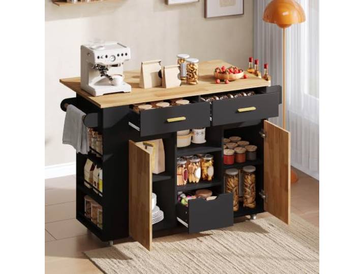 Merax Küchenwagen mit Rollen, Kücheninsel Freistehend mit Schubladen, Küchenschrank mit Klappbarer Arbeitsplatte für Küche, 45(71) x120x90cm, Schwarz