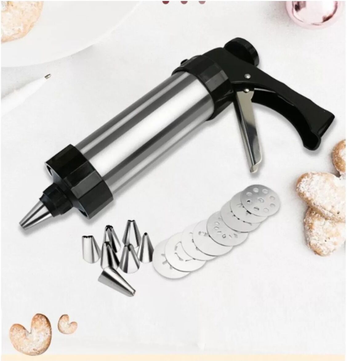 INF Ensemble Presse à Biscuits et Pistolet à Douille en Acier Inoxydable - Embouts Noirs pour Gâteaux, Biscuits et Macarons