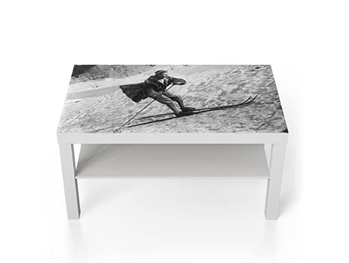 DEQORI Glastisch weiß groß 90x50 cm Motiv Casanova auf Skiern ausgefallener Beistelltisch aus Glas Hochglanz Couchtisch fürs Wohnzimmer moderner Couch Tisch mit Design
