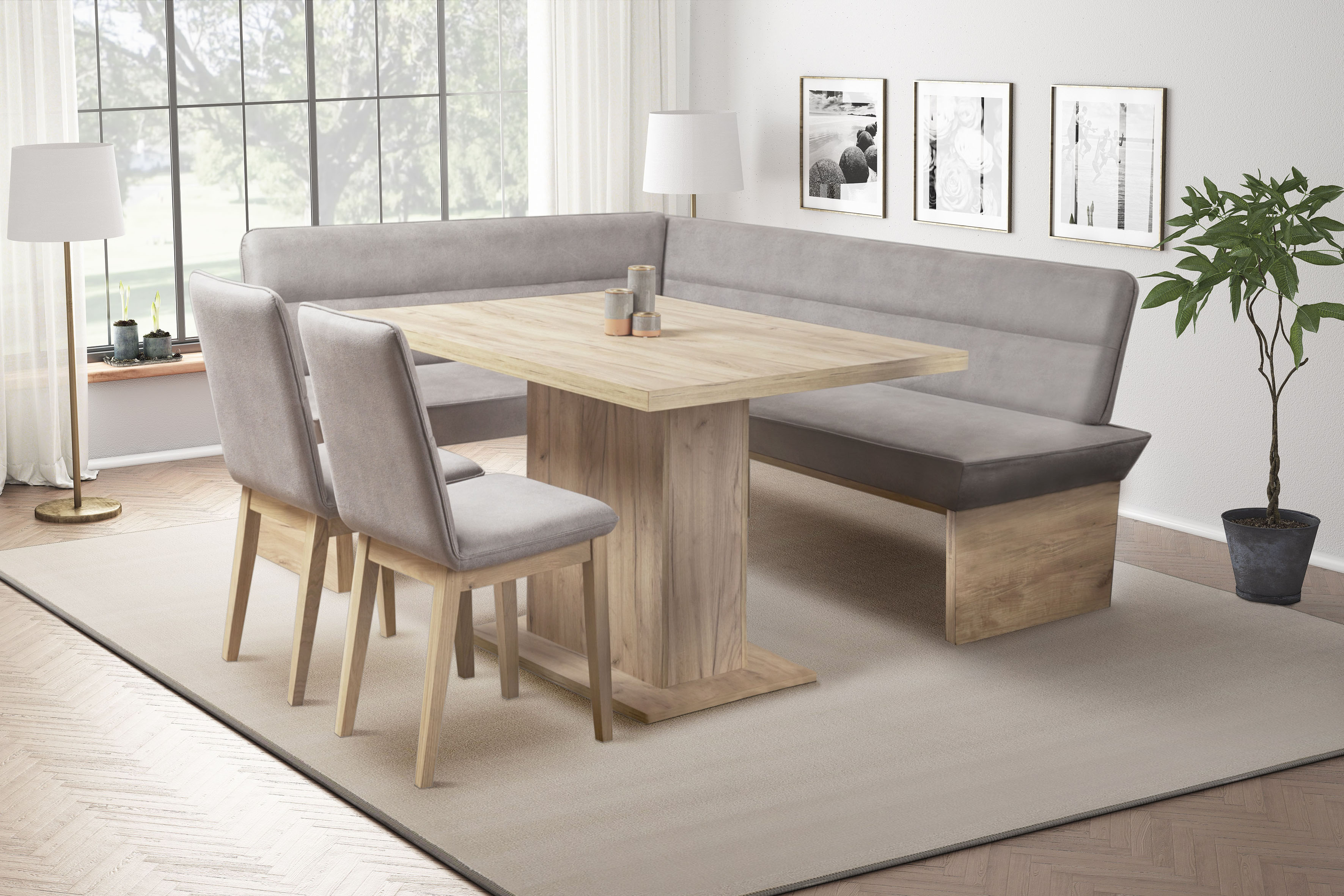 Eckbank GOODPRODUCT "Beluna Polsterbank, Sitzecke", grau (grau, decor wotan eiche), B:210cm H:89cm T:169cm, Polyester, Sitzbänke, Eckbank, mit Wellenunterfederung im Sitz, TOPSELLER grau, decor wotan eiche B/H/T: 210cm x 89cm x 169cm, Luxus-Microfaser, la