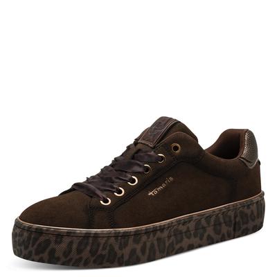 Plateausneaker TAMARIS, Damen, Gr. 37, braun (mokka, leopard), Lederimitat, unifarben mit Farbeinsatz, Basic, Schuhe Plateausneaker, Schnürschuh, Halbschuh mit kontrastreichen Details, Topseller
