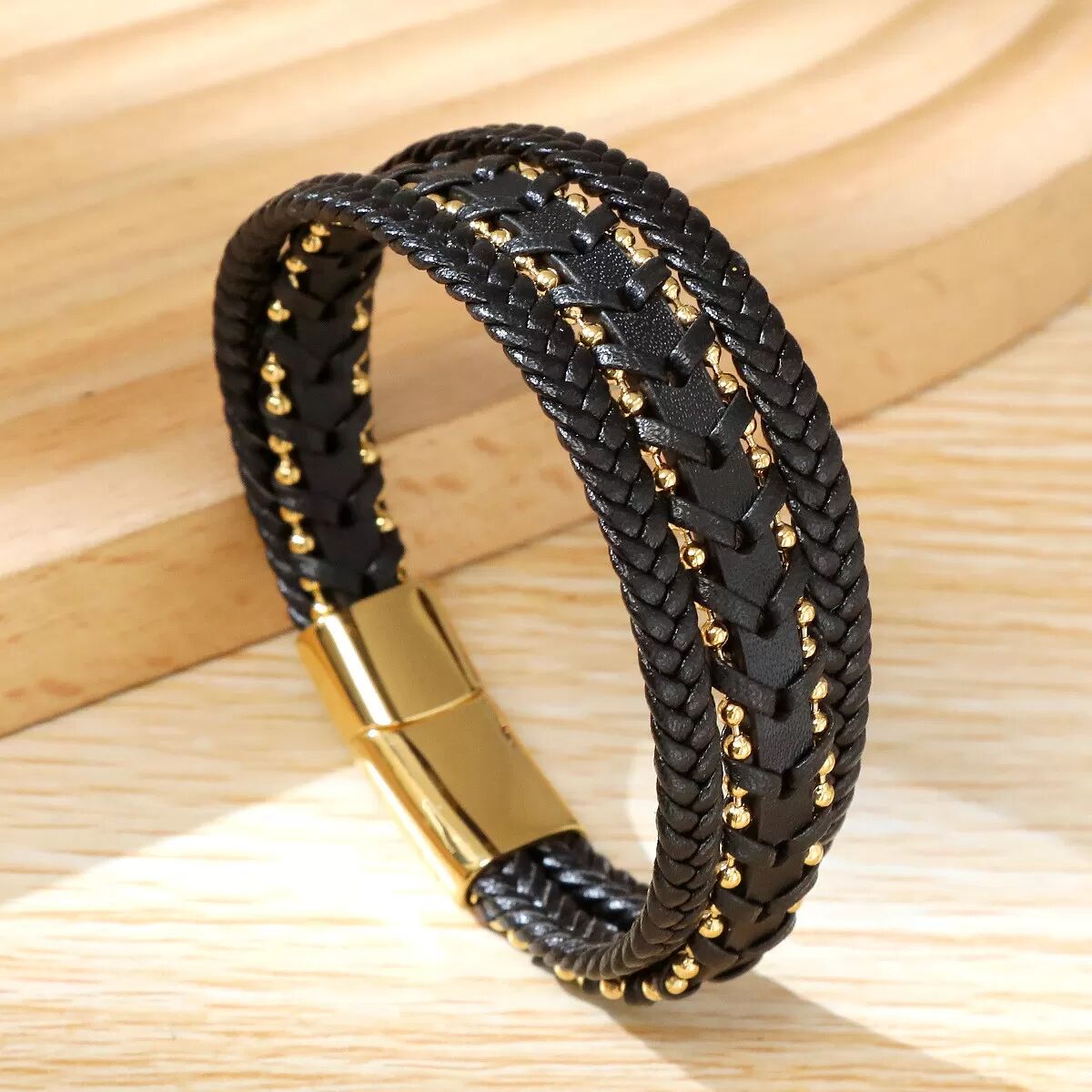INF Stilvolles geflochtenes schwarzes & goldenes Herrenarmband - Handgefertigt