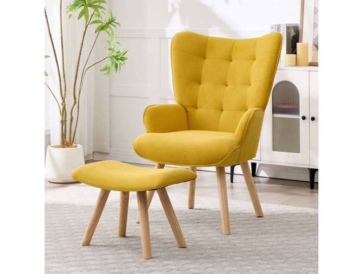 CANMOV Fauteuil Chaise d'Appoint avec Repose-Pieds Fauteuil de Lecture en Velours Côtelé Jaune