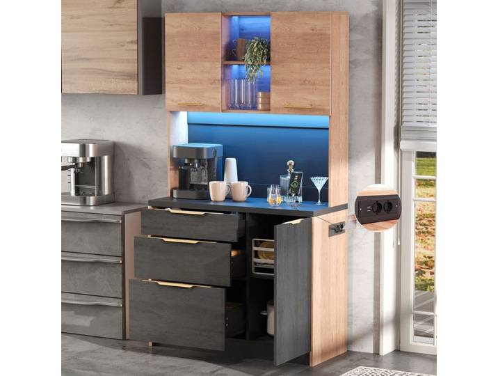 Buffet Cuisine avec Éclairage LED Réglable et Prises Électriques Armoire Haute de Cuisine Moderne Vaisselier Cuisine 100x40x180cm