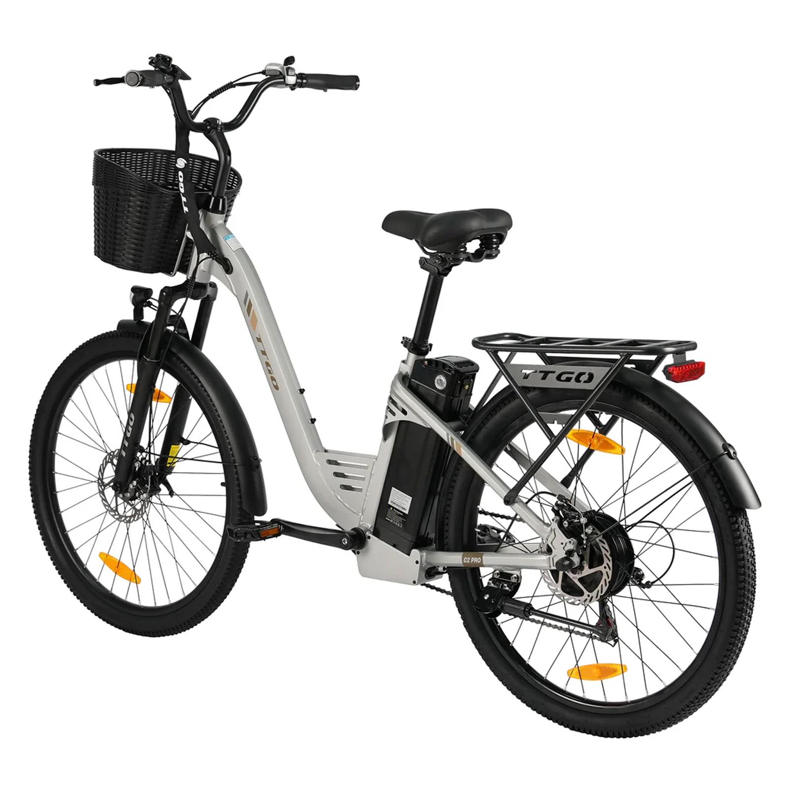 TTGO C2PRO 26" E-BIKE Aluminium-Rahmen 36V 18Ah Akku LCD-Display 80-120 km Reichweite Shimano 7-Gang-Schaltung Silber+Korb