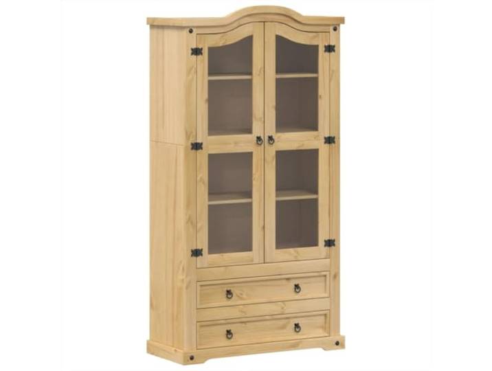 GHVBNMF Vitrine Corona 99x43x187 cm Massivholz Kiefer Holzschrank mit Glas Rustikaler Schrank mit Glastüren für Wohnzimmer und Esszimmer, viel Stauraum mit Honigwachs-Finish und Metallgriffen.