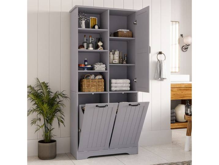 Meuble de salle de bain colonne IVMEU 78x35x172 7 cm MDF gris laqué 1 porte 2 paniers à linge