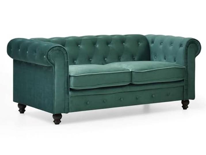 Menzzo Grand canapé 2 Places Chesterfield – Velours Vert – L180 x P85 x H78 cm – Style Classique Chic pour Salon